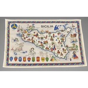 EUC Vintage SICILIA Cotton Tea Towel Dish Kitchen Map Italy Landmarks 32"x19"